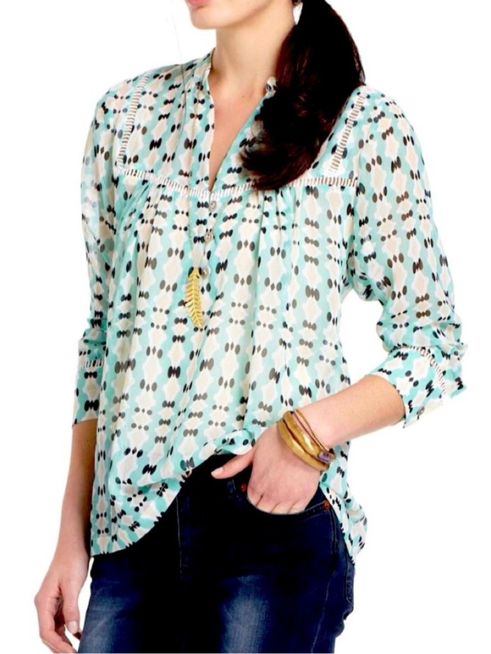 dolan Aqua & Ivory Patterned V-Neck Long Sleeve Blouse Sz S